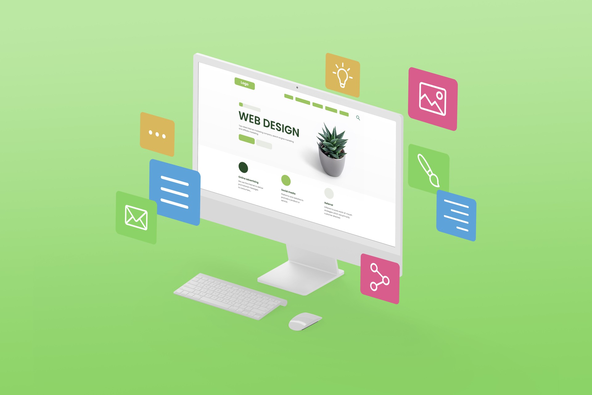 Diseño de un concepto de sitio web creativo. Visualización en posición isométrica con módulos de página web volando alrededor de la pantalla sobre un fondo verde